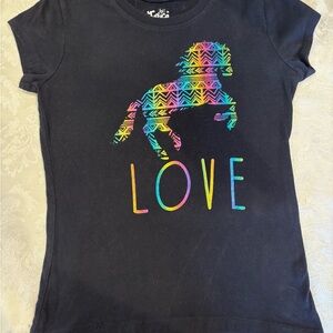 Justice Black and Blue Short Sleeve Tee with Rainbow Horse Design